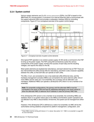 7954 HW components.fm Draft Document for Review July 15, 2011 7:16 am
34 IBM zEnterprise 114 Technical Guide
2.2.4 System control
Various system elements use flexible service processors (FSPs). An FSP is based on the
IBM Power PC microprocessor. It connects to an internal Ethernet LAN to communicate with
the support elements (SEs) and provides a subsystem interface (SSI) for controlling
components. Figure 2-7 is a conceptual overview of the system control design.
Figure 2-7 Conceptual overview of system control elements
One typical FSP operation is to control a power supply. An SE sends a command to the FSP
to bring up the power supply. The FSP (using SSI connections) cycles the various
components of the power supply, monitors the success of each step and the resulting
voltages, and reports this status to the SE.
Most system elements are duplexed (for redundancy), and each element has an FSP. There are
two internal Ethernet LANs and two SEs for redundancy, and there is also crossover capability
between the LANs, so that both SEs can operate on both LANs.
The SEs, in turn, are connected to one or two (external) LANs (Ethernet only), and the
hardware management consoles (HMCs) are connected to the same external LANs. One or
more HMCs can be used, but, in an ensemble, two (a primary and an alternate1
) are
mandatory. Additional HMCs can operate a zEnterprice CPC when it is not a member of an
ensemble.
If the zEnterprise CPC server is not a member of an ensemble, the controlling HMCs are
stateless (there is no system status jept on the HMCs) and therefore system operations are
not affected if any HMC is disconnected. At that time, the system can be managed from either
SE.
However, if the zEnterprise CPC is defined as a node of an ensemble, its HMC will be the
authoritative owning (stateful) component for platform management, configuration, and
1
These HMCs must be running with Version 2.11 or above. See section 12.7, “HMC in an ensemble” on page 361
for more information.
Note: For ensemble configurations, the primary and the alternate HMCs must be
connected to the same VLAN and have IP addresses belonging to the same subnet to
allow the alternate HMC to takeover the IP address in case the primary HMC fails.
 