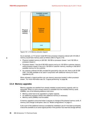 7954 HW components.fm Draft Document for Review July 15, 2011 7:16 am
46 IBM zEnterprise 114 Technical Guide
Figure 2-16 z114 Memory allocation diagram
As an example, a z114 server model M10 (two processor drawers) ordered with 216 GB of
memory would have memory sizes as follows (refer to Figure 2-16):
Physical installed memory is 320 GB: 160 GB on processor drawer 1 and 160 GB on
processor drawer 2.
Processor drawer 1 has the 8 GB HSA memory and up to 120 GB for customer memory,
while processor drawer 2 has up to 128 GB for customer memory, resulting in 248 GB of
available memory for the customer.
As customer ordered 216 GB, provided the granularity rules are met, there is still 32 GB
(248 - 216 GB) available to be used in conjunction with additional memory for future
upgrades by LIC.
When activated, a logical partition can use memory resources located in either processor
drawer . For more information see 3.6, “Logical partitioning” on page 88.
2.5.4 Memory upgrades
Memory upgrades are satisfied from already installed unused memory capacity until it is
exhausted. When no more unused memory is available from the installed memory cards
(DIMMs), one of the following additions must occur:
Memory cards have to be upgraded to a higher capacity.
An additional processor drawer with additional memory is necessary.
Memory cards (DIMMs) must be added.
A memory upgrade is concurrent when it requires no change of the physical memory cards. A
memory card change is disruptive. See 2.8, “Model configurations” on page 51.
If all or part of the additional memory is enabled for installation use (if it has been purchased),
it becomes available to an active logical partition if this partition has reserved storage defined.
HSA (16 GB)
RAIM
Customer
ordered
memory
Available unused
memory
Physical
Installed
memory
HSA (8 GB)
RAIM
Customer
ordered
memory
Available unused
memory
Physical
Installed
memory
HSA (16 GB)
RAIM
Customer
ordered
memory
Available unused
memory
Physical
Installed
memory
HSA (8 GB)
RAIM
Customer
ordered
memory
Available unused
memory
Physical
Installed
memory
 
