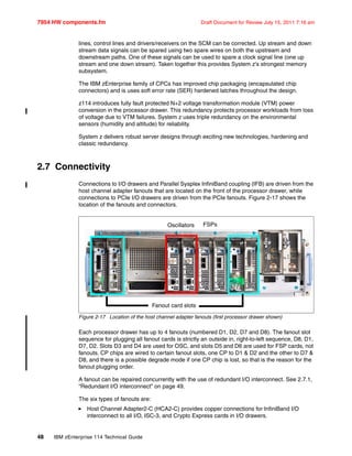 7954 HW components.fm Draft Document for Review July 15, 2011 7:16 am
48 IBM zEnterprise 114 Technical Guide
lines, control lines and drivers/receivers on the SCM can be corrected. Up stream and down
stream data signals can be spared using two spare wires on both the upstream and
downstream paths. One of these signals can be used to spare a clock signal line (one up
stream and one down stream). Taken together this provides System z's strongest memory
subsystem.
The IBM zEnterprise family of CPCs has improved chip packaging (encapsulated chip
connectors) and is uses soft error rate (SER) hardened latches throughout the design.
z114 introduces fully fault protected N+2 voltage transformation module (VTM) power
conversion in the processor drawer. This redundancy protects processor workloads from loss
of voltage due to VTM failures. System z uses triple redundancy on the environmental
sensors (humidity and altitude) for reliability.
System z delivers robust server designs through exciting new technologies, hardening and
classic redundancy.
2.7 Connectivity
Connections to I/O drawers and Parallel Sysplex InfiniBand coupling (IFB) are driven from the
host channel adapter fanouts that are located on the front of the processor drawer, while
connections to PCIe I/O drawers are driven from the PCIe fanouts. Figure 2-17 shows the
location of the fanouts and connectors.
Figure 2-17 Location of the host channel adapter fanouts (first processor drawer shown)
Each processor drawer has up to 4 fanouts (numbered D1, D2, D7 and D8). The fanout slot
sequence for plugging all fanout cards is strictly an outside in, right-to-left sequence, D8, D1,
D7, D2. Slots D3 and D4 are used for OSC, and slots D5 and D6 are used for FSP cards, not
fanouts. CP chips are wired to certain fanout slots, one CP to D1 & D2 and the other to D7 &
D8, and there is a possible degrade mode if one CP chip is lost, so that is the reason for the
fanout plugging order.
A fanout can be repaired concurrently with the use of redundant I/O interconnect. See 2.7.1,
“Redundant I/O interconnect” on page 49.
The six types of fanouts are:
Host Channel Adapter2-C (HCA2-C) provides copper connections for InfiniBand I/O
interconnect to all I/O, ISC-3, and Crypto Express cards in I/O drawers.
Fanout card slots
Oscillators FSPs
 
