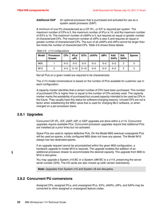 7954 HW components.fm Draft Document for Review July 15, 2011 7:16 am
52 IBM zEnterprise 114 Technical Guide
Additional SAP An optional processor that is purchased and activated for use as a
system assist processor (SAP).
A minimum of one PU characterized as a CP, IFL, or ICF is required per system. The
maximum number of CPs is 5, the maximum number of IFLs is 10, and the maximum number
of ICFs is 10. The maximum number of zAAPs is 5, but requires an equal or greater number
of characterized CPs. The maximum number of zIIPs is also 5 and requires an equal or
greater number of characterized CPs. The sum of all zAAPs and zIIPs cannot be larger than
two times the number of characterized CPs. Table 2-6 shows these details.
Table 2-6 z114 configurations
Not all PUs on a given model are required to be characterized.
The z114 model nomenclature is based on the number of PUs available for customer use in
each configuration.
A capacity marker identifies that a certain number of CPs have been purchased. This number
of purchased CPs is higher than or equal to the number of CPs actively used. The capacity
marker marks the availability of purchased but unused capacity intended to be used as CPs in
the future. They usually have this status for software-charging reasons. Unused CPs are not a
factor when establishing the MSU value that is used for charging MLC software, or when
charged on a per-processor basis.
2.8.1 Upgrades
Concurrent CP, IFL, ICF, zAAP, zIIP, or SAP upgrades are done within a z114. Concurrent
upgrades require available PUs. Concurrent processor upgrades require that additional PUs
are installed (at a prior time) but not activated.
Spare PUs are used to replace defective PUs. On the Model M05 eventual unassigned PUs
will be used as spares, a fully configured M05 does not have any spares. The Model M10
always has two dedicated spares.
If an upgrade request cannot be accomplished within the given M05 configuration, a
hardware upgrade to model M10 is required. The upgrade enables the addition of an
additional processor drawer to accommodate the desired capacity. The upgrade from M05 to
M10 is disruptive.
You may upgrade a System z10 BC or a System z9® BC to a z114, preserving the server
serial number (S/N). The I/O cards are also moved up (with certain restrictions).
2.8.2 Concurrent PU conversions
Assigned CPs, assigned IFLs, and unassigned IFLs, ICFs, zAAPs, zIIPs, and SAPs may be
converted to other assigned or unassigned feature codes.
Model Processor
Drawer
CPs IFLs/
uIFL
ICFs zAAPs zIIPs Add.
SAPs
Std.
SAPs
Spares
M05 1 0–5 0–5 0–5 0–2 0–2 0–2 2 0
M10 2 0–5 0–10 0–10 0–5 0–5 0–2 2 2
Note: Upgrades from System z10 and System z9 are disruptive.
 