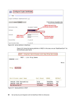 Select saf-cert:// for
                                                                  certificate stored in RACF




                 NSS client
                object name                                          Certificate label
                                                                     stored in RACF




Figure 2-46 saf-cert definition in DataPower

                 Figure 2-47 shows the keyring definition in RACF. In this case, we use “DataPowerCert1” for
                 the Certificate Label Name.




Figure 2-47 Keyring definition in RACF




94     Set Up Security and Integration with the DataPower XI50z for zEnterprise
 