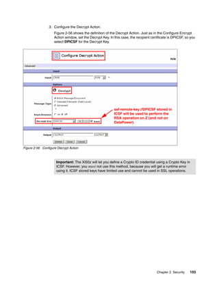 3. Configure the Decrypt Action.
                    Figure 2-56 shows the definition of the Decrypt Action. Just as in the Configure Encrypt
                    Action window, set the Decrypt Key. In this case, the recipient certificate is DPICSF, so you
                    select DPICSF for the Decrypt Key.




                                                           saf-remote-key://DPICSF stored in
                                                           ICSF will be used to perform the
                                                           RSA operation on Z (and not on
                                                           DataPower)




Figure 2-56 Configure Decrypt Action



                     Important: The XI50z will let you define a Crypto ID credential using a Crypto Key in
                     ICSF. However, you must not use this method, because you will get a runtime error
                     using it. ICSF stored keys have limited use and cannot be used in SSL operations.




                                                                                       Chapter 2. Security   103
 