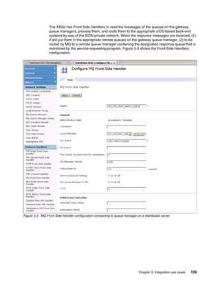 The XI50z has Front Side Handlers to read the messages of the queues on the gateway
                 queue managers, process them, and route them to the appropriate z/OS-based back-end
                 systems by way of the IEDN private network. When the response messages are received, (1)
                 it will put them in the appropriate remote queues on the gateway queue manager, (2) to be
                 routed by MQ to a remote queue manager containing the designated response queue that is
                 monitored by the service-requesting program. Figure 3-3 shows the Front Side Handlers
                 configuration.




Figure 3-3 MQ Front Side Handler configuration connecting to queue manager on a distributed server




                                                                             Chapter 3. Integration use cases   109
 