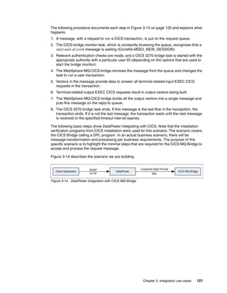 The following procedure documents each step in Figure 3-13 on page 120 and explains what
happens:
1. A message, with a request to run a CICS transaction, is put on the request queue.
2. The CICS bridge monitor task, which is constantly browsing the queue, recognizes that a
   start unit of work message is waiting (CorrelId=MQCI_NEW_SESSION).
3. Relevant authentication checks are made, and a CICS 3270 bridge task is started with the
   appropriate authority with a particular user ID (depending on the options that are used to
   start the bridge monitor).
4. The WebSphere MQ-CICS bridge removes the message from the queue and changes the
   task to run a user transaction.
5. Vectors in the message provide data to answer all terminal-related input EXEC CICS
   requests in the transaction.
6. Terminal-related output EXEC CICS requests result in output vectors being built.
7. The WebSphere MQ-CICS bridge builds all the output vectors into a single message and
   puts this message on the reply-to queue.
8. The CICS 3270 bridge task ends. If this message is the last flow in the transaction, the
   transaction ends. If it is not the last message, the transaction waits until the next message
   is received or the specified timeout interval expires.

The following basic steps show DataPower integrating with CICS. Note that the installation
verification programs from CICS installation were used for this scenario. The scenario covers
the CICS Bridge calling a DPL program. In an actual business scenario, there will be
message transformation and processing per business requirements. The purpose of this
specific scenario is to highlight the minimal steps that are required for the CICS MQ Bridge to
accept and process the request message.

Figure 3-14 describes the scenario we are building.


                        SOAP                             Copybook Byte Format
   Client Application                    DataPower                               CICS MQ Bridge
                        HTTP                                     MQ

Figure 3-14 DataPower Integration with CICS MQ Bridge




                                                          Chapter 3. Integration use cases    121
 