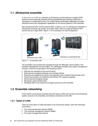 1.1 zEnterprise ensemble
               A zEnterprise ensemble is a collection of zEnterprise central processor complex (CPC)
               systems and the optionally attached zEnterprise BladeCenter Extension (zBX) that is
               managed as a single logical entity. The Unified Resource Manager (zManager) provides
               advanced end-to-end management capabilities for the diverse systems in the ensemble.

               Each zEnterprise CPC, and the optional zBX, is called a node of a zEnterprise ensemble. A
               zEnterprise ensemble can contain up to eight nodes, with up to eight zEnterprise CPC
               servers and up to eight zBXs. Figure 1-1 is an example of a node configuration.




                                                                                        zBX
                                                                                  One to four racks

                                                 OR
                                                            HMC
                        HMC                                    HMC




                      zEnterprise and no zBX                            zEnterprise and zBX Model 002

               Figure 1-1 An ensemble node

               The ensemble is provisioned and managed through the zManager, which resides in the
               Hardware Management Console (HMC). The zManager provides many system management
               functions, which can be grouped in the following manner:
                   Defining and managing virtual environments
                   Defining and managing workloads and workload policies
                   Receiving and applying corrections and upgrades to the Licensed Internal Code (LIC)
                   Performing temporary and definitive zEnterprise CPC capacity upgrades
                   Monitoring and managing energy
                   Managing a goal-oriented policy
                   Managing data for the physical and logical resources of the ensemble



1.2 Ensemble networking
               In this section, we introduce concepts about the types of LANs that connect to the zEnterprise
               system, security in the ensemble, and network connections to the zBX.


1.2.1 Types of LANs
               There are three types of LANs that attach to the zEnterprise system, each with redundant
               connections:
                   The intraensemble data network (IEDN)
                   The intranode management network (INMN)
                   The client-managed data network



2   Set Up Security and Integration with the DataPower XI50z for zEnterprise
 