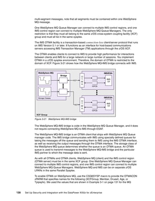 multi-segment messages, note that all segments must be contained within one WebSphere
              MQ message.

              One WebSphere MQ Queue Manager can connect to multiple IMS control regions, and one
              IMS control region can connect to multiple WebSphere MQ Queue Managers. The only
              restriction is that they must all belong to the same z/OS cross-system coupling facility (XCF)
              group and must all be in the same sysplex.

              The IMS OTMA facility is a transaction-based connection-less client/server protocol that runs
              on IMS Version 5.1 or later. It functions as an interface for host-based communications
              servers accessing IMS Transaction Manager (TM) applications through the z/OS XCF.

              The OTMA enables clients to connect to IMS to provide high performance for interactions
              between clients and IMS for a large network or large number of sessions. You implement
              OTMA in a z/OS sysplex environment. Therefore, the domain of OTMA is restricted to the
              domain of XCF. Figure 3-21 shows how the WebSphere MQ-IMS bridge connects with IMS.


                  WebSphere MQ                                                   IMS/ESA
                                       Bridge
                                                          O
                                                          T                        IMS
                                                   XCF
                                                          M                         TP
                                                          A
                                                                    IOPCB




                  Storage Classes                                                IMS/ESA
                                                          O
                                                          T                        IMS
                                                    XCF
                                                          M                         TP
                                                          A
                                                                    IOPCB

                XCF Group

              Figure 3-21 WebSphere MQ-IMS bridge

              The WebSphere MQ-IMS bridge is code in the WebSphere MQ Queue Manager, and it does
              not require connecting WebSphere MQ to IMS through ESAF.

              The WebSphere MQ-IMS bridge is an OTMA client that ships with WebSphere MQ Queue
              manager code. The IMS bridge communicates with IMS using specially defined queues for
              taking the messages off the queue and sending them to IMS using the IMS OTMA interface,
              as well as receiving the output messages through the OTMA interface. The storage class of
              the WebSphere MQ queue determines whether the queue is an OTMA queue. An OTMA
              queue is used to transmit messages to the WebSphere MQ-IMS bridge and the particular
              IMS partner to which the message data is sent.

              As with all OTMAs and OTMA clients, WebSphere MQ (client) and the IMS control region
              (OTMA server) must be in the same XCF group. One WebSphere MQ Queue Manager can
              connect to multiple IMS control regions, and one IMS control region can connect to multiple
              WebSphere MQ Queue Managers. WebSphere MQ and IMS can be on separate z/OS
              LPARs in the same Parallel Sysplex.

              To enable OTMA on WebSphere MQ, use the CSQ6SYSP macro to provide the OTMACON
              zPARM that specifies names for the following (XCFGroup, Member, Druexit, Age, or
              Tpipepfx). We used the values that are shown in Example 3-1 on page 131 for the MQ



130   Set Up Security and Integration with the DataPower XI50z for zEnterprise
 