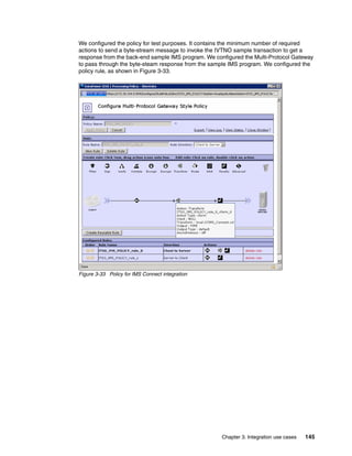 We configured the policy for test purposes. It contains the minimum number of required
actions to send a byte-stream message to invoke the IVTNO sample transaction to get a
response from the back-end sample IMS program. We configured the Multi-Protocol Gateway
to pass through the byte-steam response from the sample IMS program. We configured the
policy rule, as shown in Figure 3-33.




Figure 3-33 Policy for IMS Connect integration




                                                     Chapter 3. Integration use cases   145
 