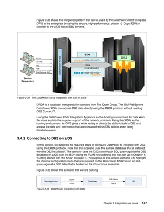 Figure 3-35 shows the integration pattern that can be used by the DataPower XI50z to expose
                DWS to the enterprise by using the secure, high-performance, private 10 Gbps IEDN to
                connect to the z/OS-based DB2 servers.




                                                                             IEDN
                                                                                                               DB2
                                             DataPower X150z
                HTTP
                                                                            10100100101001
                HTTPS
                MQ                                                    10100100101001
                                                                              DRDA
                FTP                                                          10100100101001
                WebSphere JMS                                               10100100101001

    Service
   Requesters




Figure 3-35 The DataPower XI50z integration with IMS on z/OS

                DRDA is a database interoperability standard from The Open Group. The IBM WebSphere
                DataPower XI50z can access DB2 data directly using the DRDA protocol without needing
                DB2 Connect™.

                Using the DataPower XI50z Integration Appliance as the hosting environment for Data Web
                Services exploits the superior support of the network protocols. Using the XI50z as the
                hosting environment for DWS gives a wide variety of clients the ability to talk to DB2 and
                access the data and information that are contained within DB2 without even being
                database-aware.


3.4.2 Connecting to DB2 on z/OS
                In this section, we describe the required steps to configure DataPower to integrate with DB2
                using the DRDA protocol. Note that this scenario uses the sample database that is installed
                with the DB2 installation. The scenario uses the XI50z running an SQL query against the DB2
                database on z/OS over the IEDN using the VLAN host address that was set up in Chapter 1,
                “Getting started with the XI50z” on page 1. The purpose of this sample scenario is to highlight
                the minimal configuration steps that are required on the DataPower XI50z to run an SQL
                query against a DB2 table that is hosted on the zEnterprise ensemble.

                Figure 3-36 shows the scenario that we are building.


                                                               SOAP                                SQL Query
                        Client Application                                      DataPower                               DB2
                                                               HTTP                                  DRDA


                Figure 3-36 DataPower integration with DB2




                                                                                              Chapter 3. Integration use cases   147
 
