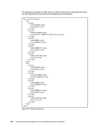 The response is received in an XML format, as shown in Figure 3-42, and passed through to
              the client application by the Multi-Protocol Gateway without modification.


                <sql result="success">
                   <row>
                       <column>
                          <name>DEPTNO</name>
                          <value>A00</value>
                       </column>
                       <column>
                          <name>DEPTNAME</name>
                          <value>SPIFFY COMPUTER SERVICE DIV.</value>
                       </column>
                       <column>
                          <name>MGRNO</name>
                          <value>000010</value>
                       </column>
                       <column>
                          <name>ADMRDEPT</name>
                          <value>A00</value>
                       </column>
                       <column>
                          <name>LOCATION</name>
                          <value></value>
                       </column>
                   </row>
                   <row>
                       <column>
                          <name>DEPTNO</name>
                          <value>B01</value>
                       </column>
                       <column>
                          <name>DEPTNAME</name>
                          <value>PLANNING</value>
                       </column>
                       <column>
                          <name>MGRNO</name>
                          <value>000020</value>
                       </column>
                       <column>
                          <name>ADMRDEPT</name>
                          <value>A00</value>
                       </column>
                       <column>
                          <name>LOCATION</name>
                          <value></value>
                       </column>
                   </row>
                </sql>
              Figure 3-42 DB2 query response




154   Set Up Security and Integration with the DataPower XI50z for zEnterprise
 