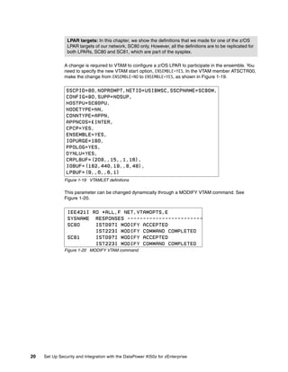 LPAR targets: In this chapter, we show the definitions that we made for one of the z/OS
                LPAR targets of our network, SC80 only. However, all the definitions are to be replicated for
                both LPARs, SC80 and SC81, which are part of the sysplex.

               A change is required to VTAM to configure a z/OS LPAR to participate in the ensemble. You
               need to specify the new VTAM start option, ENSEMBLE=YES. In the VTAM member ATSCTR00,
               make the change from ENSEMBLE=NO to ENSEMBLE=YES, as shown in Figure 1-19.




               Figure 1-19 VTAMLST definitions

               This parameter can be changed dynamically through a MODIFY VTAM command. See
               Figure 1-20.




               Figure 1-20 MODIFY VTAM command




20   Set Up Security and Integration with the DataPower XI50z for zEnterprise
 