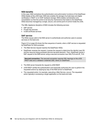 NSS benefits
               In this case, NSS centralizes the authentication and authorization functions of the DataPower
               XI50z blades at the z/OS level. NSS also enables the storage of private keys and digital
               certificates in RACF or on ICSF hardware storage. NSS enables centralization and
               consolidation so that the control of all security mechanisms that relate to the DataPower
               XI50z becomes managed by a single, secure, and central point of control inside the z/OS.

               The XML Appliance discipline of NSS includes the following services:
                  SAF service
                  Private key services
                  X.509 certificate services

               SAF service
               The XI50z issues calls to the NSS server to authenticate and authorize users to access
               services on the back end.

               Figure 2-3 on page 49 shows the flow sequence of events, when a SAF service is requested
               by DataPower for AAA purposes:
                  The Web Service request reaches the DataPower XI50z.
                  DataPower receives the request; it parses the request to determine the identity (user ID)
                  and the resource being accessed (service top-level element). Then, DataPower sends a
                  SAF request to the NSS server using a secured connection over SSL/TLS and AT_TLS.

                    Secured connection: The secured connection requires SSL keyrings on the z/OS
                    RACF side and a validation credential (SSL client) on DataPower.

                  The NSS server forwards the request to z/OS RACF.
                  z/OS RACF verifies the authentication and eventually authorizes the user to perform the
                  requested actions by replying by way of the NSS server to DataPower.
                  The requested action, for example, executing a Web Service, occurs. The requested
                  action typically is accessing a target application on the back-end side.




48   Set Up Security and Integration with the DataPower XI50z for zEnterprise
 