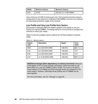 Model

Minimum memory

Maximum memory

p24L

24 GB

256 GB (16 x 16 GB DIMMs)

Use a minimum of 2 GB of memory per core. The functional minimum memory
configuration for the machine is 4 GB (two 2 GB DIMMs), but that is not sufficient
for reasonable production usage of the machine.

Low Profile and Very Low Profile form factors
One benefit of deploying IBM Flex System systems is the ability to use Low
Profile (LP) memory DIMMs. This design allows for more choices to configure the
machine to match your needs.
Table 4-5 lists the available memory options for the Power Systems compute
nodes.
Table 4-5 Memory options
Feature
code

Description

Speed

Form
factor

EM04

2x 2 GB DDR3 DIMM

1066 MHz

LP

8196

2x 4 GB DDR3 DIMM

1066 MHz

VLP

8199

2x 8 GB DDR3 DIMM

1066 MHz

VLP

8145

2x 16 GB DDR3 DIMM

1066 MHz

LP

DASD/local storage option dependency on memory form factor: Because
of the design of the on-cover storage connections, clients that seek to use
SAS HDDs must use VLP DIMMs (4 GB or 8 GB). The cover is not able to
close properly if VLP DIMMs and SAS hard disk drives are configured in the
same system. However, solid-state drives (SSDs) and LP DIMMs can be
used together.
For more information, see 4.8, “Storage” on page 95.

88

IBM Flex System p260 and p460 Planning and Implementation Guide

 