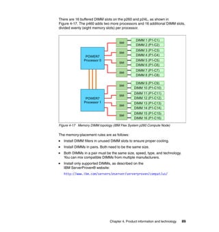 There are 16 buffered DIMM slots on the p260 and p24L, as shown in
Figure 4-17. The p460 adds two more processors and 16 additional DIMM slots,
divided evenly (eight memory slots) per processor.

SMI

SMI

DIMM 3 (P1-C3)
DIMM 4 (P1-C4)

SMI

DIMM 5 (P1-C5)
DIMM 6 (P1-C6)

SMI

DIMM 7 (P1-C7)
DIMM 8 (P1-C8)

SMI

DIMM 9 (P1-C9)
DIMM 10 (P1-C10)

SMI

DIMM 11 (P1-C11)
DIMM 12 (P1-C12)

SMI

DIMM 13 (P1-C13)
DIMM 14 (P1-C14)

SMI

POWER7
Processor 0

DIMM 1 (P1-C1)
DIMM 2 (P1-C2)

DIMM 15 (P1-C15)
DIMM 16 (P1-C16)

POWER7
Processor 1

Figure 4-17 Memory DIMM topology (IBM Flex System p260 Compute Node)

The memory-placement rules are as follows:
Install DIMM fillers in unused DIMM slots to ensure proper cooling.
Install DIMMs in pairs. Both need to be the same size.
Both DIMMs in a pair must be the same size, speed, type, and technology.
You can mix compatible DIMMs from multiple manufacturers.
Install only supported DIMMs, as described on the
IBM ServerProven® website:
http://www.ibm.com/servers/eserver/serverproven/compat/us/

Chapter 4. Product information and technology

89

 