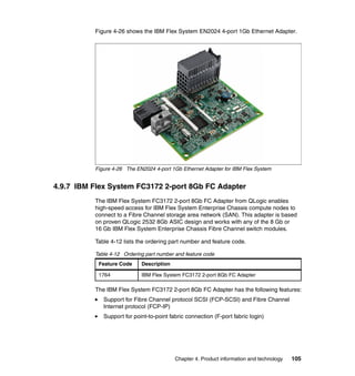 Figure 4-26 shows the IBM Flex System EN2024 4-port 1Gb Ethernet Adapter.

Figure 4-26 The EN2024 4-port 1Gb Ethernet Adapter for IBM Flex System

4.9.7 IBM Flex System FC3172 2-port 8Gb FC Adapter
The IBM Flex System FC3172 2-port 8Gb FC Adapter from QLogic enables
high-speed access for IBM Flex System Enterprise Chassis compute nodes to
connect to a Fibre Channel storage area network (SAN). This adapter is based
on proven QLogic 2532 8Gb ASIC design and works with any of the 8 Gb or
16 Gb IBM Flex System Enterprise Chassis Fibre Channel switch modules.
Table 4-12 lists the ordering part number and feature code.
Table 4-12 Ordering part number and feature code
Feature Code

Description

1764

IBM Flex System FC3172 2-port 8Gb FC Adapter

The IBM Flex System FC3172 2-port 8Gb FC Adapter has the following features:
Support for Fibre Channel protocol SCSI (FCP-SCSI) and Fibre Channel
Internet protocol (FCP-IP)
Support for point-to-point fabric connection (F-port fabric login)

Chapter 4. Product information and technology

105

 
