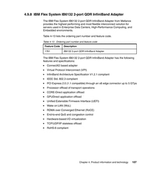 4.9.8 IBM Flex System IB6132 2-port QDR InfiniBand Adapter
The IBM Flex System IB6132 2-port QDR InfiniBand Adapter from Mellanox
provides the highest performing and most flexible interconnect solution for
servers used in Enterprise Data Centers, High-Performance Computing, and
Embedded environments.
Table 4-13 lists the ordering part number and feature code.
Table 4-13 Ordering part number and feature code
Feature Code

Description

1761

IB6132 2-port QDR InfiniBand Adapter

The IBM Flex System IB6132 2-port QDR InfiniBand Adapter has the following
features and specifications:
ConnectX2 based adapter
Virtual Protocol Interconnect (VPI)
InfiniBand Architecture Specification V1.2.1 compliant
IEEE Std. 802.3 compliant
PCI Express 2.0 (1.1 compatible) through an x8 edge connector up to 5 GTps
Processor offload of transport operations
CORE-Direct application offload
GPUDirect application offload
Unified Extensible Firmware Interface (UEFI)
Wake on LAN (WoL)
RDMA over Converged Ethernet (RoCE)
End-to-end QoS and congestion control
Hardware-based I/O virtualization
TCP/UDP/IP stateless offload
RoHS-6 compliant

Chapter 4. Product information and technology

107

 