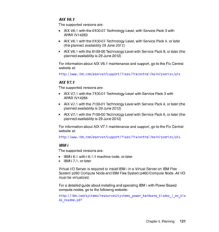 AIX V6.1
The supported versions are:
AIX V6.1 with the 6100-07 Technology Level, with Service Pack 3 with
APAR IV14283
AIX V6.1 with the 6100-07 Technology Level, with Service Pack 4, or later
(the planned availability 29 June 2012)
AIX V6.1 with the 6100-06 Technology Level with Service Pack 8, or later (the
planned availability is 29 June 2012)
For information about AIX V6.1 maintenance and support, go to the Fix Central
website at:
http://www.ibm.com/eserver/support/fixes/fixcentral/main/pseries/aix

AIX V7.1
The supported versions are:
AIX V7.1 with the 7100-01 Technology Level with Service Pack 3 with
APAR IV14284
AIX V7.1 with the 7100-01 Technology Level with Service Pack 4, or later (the
planned availability is 29 June 2012)
AIX V7.1 with the 7100-00 Technology Level with Service Pack 6, or later (the
planned availability is 29 June 2012)
For information about AIX V7.1 maintenance and support, go to the Fix Central
website at:
http://www.ibm.com/eserver/support/fixes/fixcentral/main/pseries/aix

IBM i
The supported versions are:
IBM i 6.1 with i 6.1.1 machine code, or later
IBM i 7.1, or later
Virtual I/O Server is required to install IBM i in a Virtual Server on IBM Flex
System p260 Compute Node and IBM Flex System p460 Compute Node. All I/O
must be virtualized.
For a detailed guide about installing and operating IBM i with Power Based
compute nodes, go to the following website:
http://ibm.com/systems/resources/systems_power_hardware_blades_i_on_bla
de_readme.pdf

Chapter 5. Planning

121

 