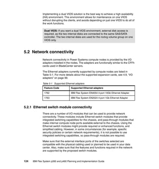 Implementing a dual VIOS solution is the best way to achieve a high availability
(HA) environment. This environment allows for maintenance on one VIOS
without disrupting the clients, and avoids depending on just one VIOS to do all of
the work functions.
Dual VIOS: If you want a dual VIOS environment, external disk access is
required, as the two internal disks are connected to the same SAS/SATA
controller. The two internal disks are used for the rootvg volume group on one
VIOS only.

5.2 Network connectivity
Network connectivity in Power Systems compute nodes is provided by the I/O
adapters installed in the nodes. The adapters are functionally similar to the CFFh
cards used in BladeCenter servers.
The Ethernet adapters currently supported by compute nodes are listed in
Table 5-1. For more details about the supported expansion cards, see 4.9, “I/O
adapters” on page 99.
Table 5-1 Supported Ethernet adapters
Feature Code

Supported Ethernet adapters

1762

IBM Flex System EN4054 4-port 10Gb Ethernet Adapter

1763

IBM Flex System EN2024 4-port 1Gb Ethernet Adapter

5.2.1 Ethernet switch module connectivity
There are a number of I/O modules that can be used to provide network
connectivity. These modules include Ethernet switch modules that provide
integrated switching capabilities for the chassis, and pass-through modules that
make internal compute node ports available external to the chassis. Using the
Ethernet switch modules might provide required or enhanced functions, and
simplified cabling. However, in some circumstances (for example, specific
security policies or certain network requirements), it is not possible to use
integrated switching capabilities, so pass-through modules are required.
Make sure that the external interface ports of the switches selected are
compatible with the physical cabling used or planned to be used in your data
center. Also, make sure that the features and functions required in the network
are supported by the proposed switch modules.

124

IBM Flex System p260 and p460 Planning and Implementation Guide

 
