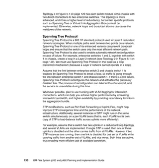 Topology 2 in Figure 5-1 on page 129 has each switch module in the chassis with
two direct connections to two enterprise switches. This topology is more
advanced, and it has a higher level of redundancy, but certain specific protocols
such as Spanning Tree or Virtual Link Aggregation Groups must be
implemented. Otherwise, network loops and broadcast storms can cause the
meltdown of the network.

Spanning Tree Protocol
Spanning Tree Protocol is a 802.1D standard protocol used in Layer 2 redundant
network topologies. When multiple paths exist between two points on a network,
Spanning Tree Protocol or one of its enhanced variants can prevent broadcast
loops and ensure that the switch uses only the most efficient network path.
Spanning Tree Protocol is also used to enable automatic network reconfiguration
in case of failure. For example, enterprise switches 1 and 2, together with switch
1 in chassis, create a loop in a Layer 2 network (see Topology 2 in Figure 5-1 on
page 129). We must use Spanning Tree Protocol in that case as a loop
prevention mechanism (because a Layer 2 network cannot operate in a loop).
Assume that the link between enterprise switch 2 and chassis switch 1 is
disabled by Spanning Tree Protocol to break a loop, so traffic is going through
the link between enterprise switch 1 and chassis switch 1. If there is a link failure,
Spanning Tree Protocol reconfigures the network and activates the previously
disabled link. The process of reconfiguration can take tenths of a second, and
the service is unavailable during this time.
Whenever possible, plan to use trunking with VLAN tagging for interswitch
connections, which can help you achieve higher performance by increasing
interswitch bandwidth, and higher availability by providing redundancy for links in
the aggregation bundle.
STP modifications, such as Port Fast Forwarding or Uplink Fast, might help
improve STP convergence time and the performance of the network
infrastructure. Additionally, several instances of STP might run on the same
switch simultaneously, on a per-VLAN basis (that is, each VLAN has its own
copy of STP to load-balance traffic across uplinks more efficiently).
For example, assume that a switch has two uplinks in a redundant loop topology,
and several VLANs are implemented. If single STP is used, then one of these
uplinks is disabled and the other carries traffic from all VLANs. However, if two
STP instances are running, then one link is disabled for one set of VLANs while
carrying traffic from another set of VLANs, and vice versa. Both links are active,
thus enabling more efficient use of available bandwidth.

130

IBM Flex System p260 and p460 Planning and Implementation Guide

 