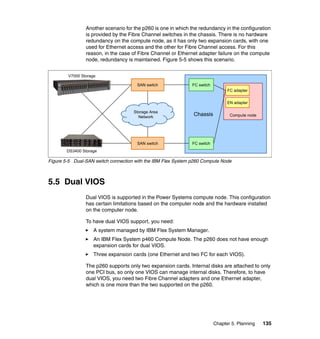 Another scenario for the p260 is one in which the redundancy in the configuration
is provided by the Fibre Channel switches in the chassis. There is no hardware
redundancy on the compute node, as it has only two expansion cards, with one
used for Ethernet access and the other for Fibre Channel access. For this
reason, in the case of Fibre Channel or Ethernet adapter failure on the compute
node, redundancy is maintained. Figure 5-5 shows this scenario.
V7000 Storage
SAN switch

FC switch
FC adapter
EN adapter

Storage Area
Network

SAN switch

Chassis

Compute node

FC switch

DS3400 Storage

Figure 5-5 Dual-SAN switch connection with the IBM Flex System p260 Compute Node

5.5 Dual VIOS
Dual VIOS is supported in the Power Systems compute node. This configuration
has certain limitations based on the computer node and the hardware installed
on the computer node.
To have dual VIOS support, you need:
A system managed by IBM Flex System Manager.
An IBM Flex System p460 Compute Node. The p260 does not have enough
expansion cards for dual VIOS.
Three expansion cards (one Ethernet and two FC for each VIOS).
The p260 supports only two expansion cards. Internal disks are attached to only
one PCI bus, so only one VIOS can manage internal disks. Therefore, to have
dual VIOS, you need two Fibre Channel adapters and one Ethernet adapter,
which is one more than the two supported on the p260.

Chapter 5. Planning

135

 