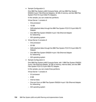 Sample Configuration 2:
One IBM Flex System p460 Compute Node, with two IBM Flex System
EN2024 4-port 1Gb Ethernet Adapters, 32 GB of memory, and two IBM Flex
System FC3172 2-port 8Gb FC Adapters.
In this sample, you can create two partitions:
Virtual Server 1 consists of:
– One processor
– 10 GB
– SAN-attached disks through the IBM Flex System FC3172 2-port 8Gb FC
Adapter
– One IBM Flex System EN2024 4-port 1Gb Ethernet Adapter
for networking
– AIX operating system
Virtual Server 2 consists of:
– One processor
– 22 GB
– SAN-attached disks through the IBM Flex System FC3172 2-port 8Gb FC
Adapter
– One IBM Flex System EN2024 4-port 1Gb Ethernet Adapter
for networking
– AIX operating system
Sample Configuration 3:
One IBM Flex System p460 Compute Node, with 1 IBM Flex System EN2024
4-port 1Gb Ethernet Adapter, 32 GB of memory, internal disks, and two IBM
Flex System FC3172 2-port 8Gb FC Adapter.
In this sample, you can create three partitions:
Virtual Server 1 consists of:
– 0.5 processor
– 8 GB
– Internal disks
– One port from an IBM Flex System EN2024 4-port 1Gb Ethernet Adapter
for networking
– AIX operating system

154

IBM Flex System p260 and p460 Planning and Implementation Guide

 