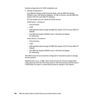 Sample configurations for VIOS installations are:
Sample Configuration 1:
One IBM Flex System p460 Compute Node, with two IBM Flex System
EN2024 4-port 1Gb Ethernet Adapters, 32 GB of memory, and two IBM Flex
System FC3172 2-port 8Gb FC Adapters.
For this sample, you can create two VIOS servers:
VIOS Server 1 consists of:
– One processor
– 4 GB
– SAN-attached disks through the IBM Flex System FC3172 2-port 8Gb FC
Adapter
– One IBM Flex System EN2024 4-port 1Gb Ethernet Adapter
for networking
Virtual Server 2 consists of:
– One processor
– 4 GB
– SAN-attached disks through the IBM Flex System FC3172 2-port 8Gb FC
Adapter
– One IBM Flex System EN2024 4-port 1Gb Ethernet Adapter
for networking
The VIOS virtual servers should be configured for redundant access to storage
and the network.
Additional AIX, Linux, or IBM i client virtual servers can now be configured by
using resources from the VIO virtual servers, with the assurance that the loss of
a VIOS does not result in a client losing access to storage or the network.

156

IBM Flex System p260 and p460 Planning and Implementation Guide

 