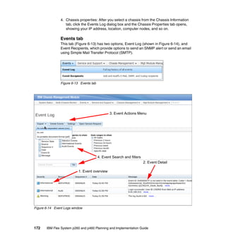 4. Chassis properties: After you select a chassis from the Chassis Information
tab, click the Events Log dialog box and the Chassis Properties tab opens,
showing your IP address, location, computer nodes, and so on.

Events tab
This tab (Figure 6-13) has two options, Event Log (shown in Figure 6-14), and
Event Recipients, which provide options to send an SNMP alert or send an email
using Simple Mail Transfer Protocol (SMTP).

Figure 6-13 Events tab

3. Event Actions Menu

4. Event Search and filters
2. Event Detail
1. Event overview

Figure 6-14 Event Logs window

172

IBM Flex System p260 and p460 Planning and Implementation Guide

 