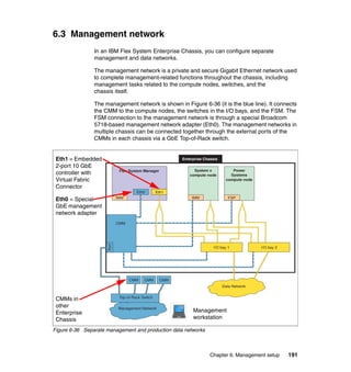 6.3 Management network
In an IBM Flex System Enterprise Chassis, you can configure separate
management and data networks.
The management network is a private and secure Gigabit Ethernet network used
to complete management-related functions throughout the chassis, including
management tasks related to the compute nodes, switches, and the
chassis itself.
The management network is shown in Figure 6-36 (it is the blue line). It connects
the CMM to the compute nodes, the switches in the I/O bays, and the FSM. The
FSM connection to the management network is through a special Broadcom
5718-based management network adapter (Eth0). The management networks in
multiple chassis can be connected together through the external ports of the
CMMs in each chassis via a GbE Top-of-Rack switch.
Separate Management and Data Networks

Eth1 = Embedded
2-port 10 GbE
controller with
Virtual Fabric
Connector

Enterprise Chassis
System x
compute node

Flex System Manager

Eth0

Eth1
IMM

IMM

Eth0 = Special
GbE management
network adapter

Power
Systems
compute node

FSP

Port

CMM

I/O bay 1

CMM

CMM

I/O bay 2

CMM
Data Network

CMMs in
other
Enterprise
Chassis

Top-of-Rack Switch
Management Network

Management
workstation

Figure 6-36 Separate management and production data networks

Chapter 6. Management setup

191

 