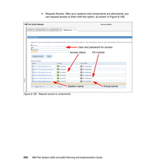 Request Access: After your systems and components are discovered, you
can request access to them with this option, as shown in Figure 6-108.

User and password for access
Access status

I/O module

System name
Figure 6-108 Request access to components

256

IBM Flex System p260 and p460 Planning and Implementation Guide

Virtual server

 
