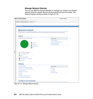 Manage Network Devices
You can use IBM Flex System Manager to manage your network and network
devices while the network devices are discovered and have full access. The
Network Control window is shown in Figure 6-112.

Figure 6-112 Manage Network Devices

262

IBM Flex System p260 and p460 Planning and Implementation Guide

 