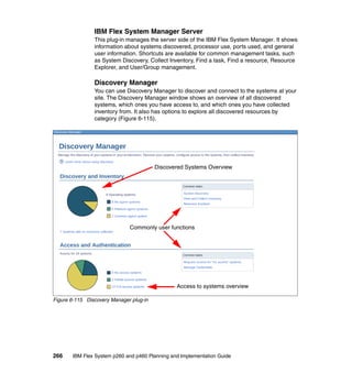 IBM Flex System Manager Server
This plug-in manages the server side of the IBM Flex System Manager. It shows
information about systems discovered, processor use, ports used, and general
user information. Shortcuts are available for common management tasks, such
as System Discovery, Collect Inventory, Find a task, Find a resource, Resource
Explorer, and User/Group management.

Discovery Manager
You can use Discovery Manager to discover and connect to the systems at your
site. The Discovery Manager window shows an overview of all discovered
systems, which ones you have access to, and which ones you have collected
inventory from. It also has options to explore all discovered resources by
category (Figure 6-115).

Discovered Systems Overview

Commonly user functions

Access to systems overview
Figure 6-115 Discovery Manager plug-in

266

IBM Flex System p260 and p460 Planning and Implementation Guide

 