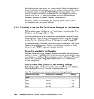 Each partition must have access to a system console. Tasks such as operating
system installation, network setup, and certain problem analysis activities require
a dedicated system console. The POWER Hypervisor provides the virtual
console using a virtual TTY or serial adapter and a set of Hypervisor calls to
operate on it. Virtual TTY does not require the purchase of any additional
features or software, such as the PowerVM Edition features.
For Power Systems compute nodes, the operating system console can be
accessed from IBM Flex System Manager.

7.1.3 Preparing to use the IBM Flex System Manager for partitioning
FSM is used to create virtual servers on Power Systems compute nodes. This
function is one of many provided by FSM.
It is presumed that FSM is set up so that it is managing the Enterprise Chassis
that contains the Power Systems compute node on which the virtual servers is
created. For more details, see Chapter 6, “Management setup” on page 157.
If you have experience using the Integrated Virtualization Manager, HMC, or the
Systems Director Management Console to create logical partitions or virtual
servers on any POWER7 system, the process is similar.

Removing an existing configuration
All Power Systems compute nodes are delivered preinstalled with an operating
system. In addition, if a IBM PureFlex System configuration was ordered, there is
a configuration on the Power Systems compute nodes in the chassis. The virtual
servers that are already configured must be removed if you want to create a
custom configuration.

Virtual server name, processor, and memory settings
Before beginning the virtual server creation tasks in FSM, document the basic
information about the virtual servers to be defined (Table 7-2).
Table 7-2 Virtual server name, processor, and memory planning information
Virtual server name

Processor/UnCap/Weight

Memory

vios1

1/Y/200

2 GB

vios2

1/Y/200

2 GB

lpar1

3/Y/100

4 GB

node1

284

IBM Flex System p260 and p460 Planning and Implementation Guide

 