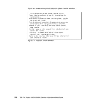 Figure 8-2 shows the diagnostic post-boot system console definition.
******* Please define the System Console. *******
Type a 1 and press Enter to use this terminal as the
system console.
Pour definir ce terminal comme console systeme, appuyez
sur 1 puis sur Entree.
Taste 1 und anschliessend die Eingabetaste druecken, um
diese Datenstation als Systemkonsole zu verwenden.
Premere il tasto 1 ed Invio per usare questo terminal
come console.
Escriba 1 y pulse Intro para utilizar esta terminal como
consola del sistema.
Escriviu 1 1 i premeu Intro per utilitzar aquest
terminal com a consola del sistema.
Digite um 1 e pressione Enter para utilizar este terminal
como console do sistema.
Figure 8-2 Diagnostic console definition

322

IBM Flex System p260 and p460 Planning and Implementation Guide

 