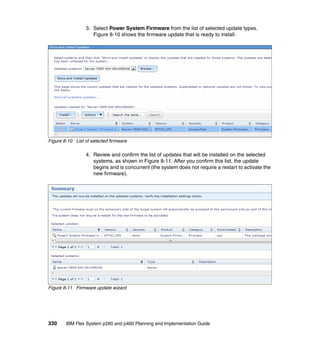 3. Select Power System Firmware from the list of selected update types.
Figure 8-10 shows the firmware update that is ready to install.

Figure 8-10 List of selected firmware

4. Review and confirm the list of updates that will be installed on the selected
systems, as shown in Figure 8-11. After you confirm this list, the update
begins and is concurrent (the system does not require a restart to activate the
new firmware).

Figure 8-11 Firmware update wizard

330

IBM Flex System p260 and p460 Planning and Implementation Guide

 