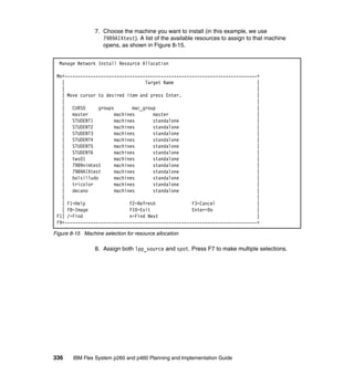 7. Choose the machine you want to install (in this example, we use
7989AIXtest). A list of the available resources to assign to that machine
opens, as shown in Figure 8-15.
Manage Network Install Resource Allocation
Mo+--------------------------------------------------------------------------+
|
Target Name
|
|
|
| Move cursor to desired item and press Enter.
|
|
|
| CURSO
groups
mac_group
|
| master
machines
master
|
| STUDENT1
machines
standalone
|
| STUDENT2
machines
standalone
|
| STUDENT3
machines
standalone
|
| STUDENT4
machines
standalone
|
| STUDENT5
machines
standalone
|
| STUDENT6
machines
standalone
|
| tws01
machines
standalone
|
| 7989nimtest
machines
standalone
|
| 7989AIXtest
machines
standalone
|
| bolsilludo
machines
standalone
|
| tricolor
machines
standalone
|
| decano
machines
standalone
|
|
|
| F1=Help
F2=Refresh
F3=Cancel
|
| F8=Image
F10=Exit
Enter=Do
|
F1| /=Find
n=Find Next
|
F9+--------------------------------------------------------------------------+
Figure 8-15 Machine selection for resource allocation

8. Assign both lpp_source and spot. Press F7 to make multiple selections.

336

IBM Flex System p260 and p460 Planning and Implementation Guide

 