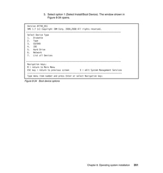 5. Select option 1 (Select Install/Boot Device). The window shown in
Figure 8-34 opens.
Version AF740_051
SMS 1.7 (c) Copyright IBM Corp. 2000,2008 All rights reserved.
------------------------------------------------------------------------------Select Device Type
1. Diskette
2. Tape
3. CD/DVD
4. IDE
5. Hard Drive
6. Network
7. List all Devices
------------------------------------------------------------------------------Navigation keys:
M = return to Main Menu
ESC key = return to previous screen
X = eXit System Management Services
------------------------------------------------------------------------------Type menu item number and press Enter or select Navigation key:
Figure 8-34 Boot device options

Chapter 8. Operating system installation

351

 