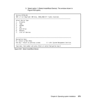 3. Select option 1 (Select Install/Boot Device). The window shown in
Figure 8-59 opens.
Version AF740_051
SMS 1.7 (c) Copyright IBM Corp. 2000,2008 All rights reserved.
------------------------------------------------------------------------------Select Device Type
1. Diskette
2. Tape
3. CD/DVD
4. IDE
5. Hard Drive
6. Network
7. List all Devices

------------------------------------------------------------------------------Navigation keys:
M = return to Main Menu
ESC key = return to previous screen
X = eXit System Management Services
------------------------------------------------------------------------------Type menu item number and press Enter or select Navigation key:3
Figure 8-59 Select Install/Boot Device

Chapter 8. Operating system installation

373

 