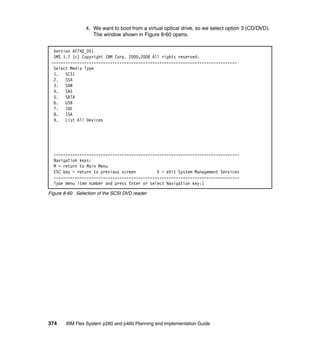 4. We want to boot from a virtual optical drive, so we select option 3 (CD/DVD).
The window shown in Figure 8-60 opens.
Version AF740_051
SMS 1.7 (c) Copyright IBM Corp. 2000,2008 All rights reserved.
------------------------------------------------------------------------------Select Media Type
1. SCSI
2. SSA
3. SAN
4. SAS
5. SATA
6. USB
7. IDE
8. ISA
9. List All Devices

------------------------------------------------------------------------------Navigation keys:
M = return to Main Menu
ESC key = return to previous screen
X = eXit System Management Services
------------------------------------------------------------------------------Type menu item number and press Enter or select Navigation key:1
Figure 8-60 Selection of the SCSI DVD reader

374

IBM Flex System p260 and p460 Planning and Implementation Guide

 