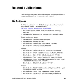 Related publications
The publications listed in this section are considered particularly suitable for a
more detailed discussion of the topics covered in this book.

IBM Redbooks
The following publications from IBM Redbooks provide additional information
about IBM Flex System. They are available at:
http://www.redbooks.ibm.com/portals/puresystems
IBM PureFlex System and IBM Flex System Products & Technology,
SG24-7984
IBM Flex System Networking in an Enterprise Data Center, REDP-4834
Chassis and Compute Nodes:
IBM Flex System Enterprise Chassis, TIPS0863
IBM Flex System Manager, TIPS0862
IBM Flex System p260 and p460 Compute Node, TIPS0880
IBM Flex System x240 Compute Node, TIPS0860
Switches:
IBM Flex System EN2092 1Gb Ethernet Scalable Switch, TIPS0861
IBM Flex System EN4091 10Gb Ethernet Pass-thru Module, TIPS0865
IBM Flex System Fabric EN4093 10Gb Scalable Switch, TIPS0864
IBM Flex System FC3171 8Gb SAN Switch and Pass-thru, TIPS0866
IBM Flex System FC5022 16Gb SAN Scalable Switch and FC5022 24-port
16Gb ESB SAN Scalable Switch, TIPS0870
IBM Flex System IB6131 InfiniBand Switch, TIPS0871
Adapters:
IBM Flex System CN4054 10Gb Virtual Fabric Adapter and EN4054 4-port
10Gb Ethernet Adapter, TIPS0868
IBM Flex System EN2024 4-port 1Gb Ethernet Adapter, TIPS0845
IBM Flex System EN4132 2-port 10Gb Ethernet Adapter, TIPS0873

© Copyright IBM Corp. 2012. All rights reserved.

393

 