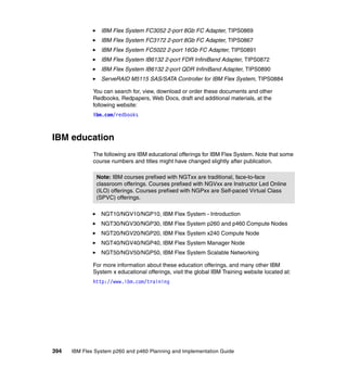 IBM Flex System FC3052 2-port 8Gb FC Adapter, TIPS0869
IBM Flex System FC3172 2-port 8Gb FC Adapter, TIPS0867
IBM Flex System FC5022 2-port 16Gb FC Adapter, TIPS0891
IBM Flex System IB6132 2-port FDR InfiniBand Adapter, TIPS0872
IBM Flex System IB6132 2-port QDR InfiniBand Adapter, TIPS0890
ServeRAID M5115 SAS/SATA Controller for IBM Flex System, TIPS0884
You can search for, view, download or order these documents and other
Redbooks, Redpapers, Web Docs, draft and additional materials, at the
following website:
ibm.com/redbooks

IBM education
The following are IBM educational offerings for IBM Flex System. Note that some
course numbers and titles might have changed slightly after publication.
Note: IBM courses prefixed with NGTxx are traditional, face-to-face
classroom offerings. Courses prefixed with NGVxx are Instructor Led Online
(ILO) offerings. Courses prefixed with NGPxx are Self-paced Virtual Class
(SPVC) offerings.
NGT10/NGV10/NGP10, IBM Flex System - Introduction
NGT30/NGV30/NGP30, IBM Flex System p260 and p460 Compute Nodes
NGT20/NGV20/NGP20, IBM Flex System x240 Compute Node
NGT40/NGV40/NGP40, IBM Flex System Manager Node
NGT50/NGV50/NGP50, IBM Flex System Scalable Networking
For more information about these education offerings, and many other IBM
System x educational offerings, visit the global IBM Training website located at:
http://www.ibm.com/training

394

IBM Flex System p260 and p460 Planning and Implementation Guide

 