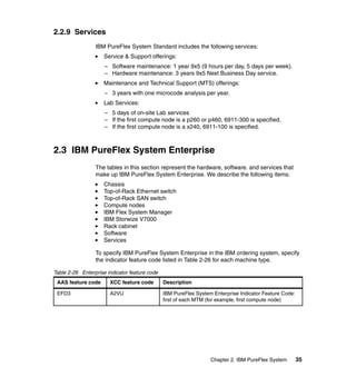 2.2.9 Services
IBM PureFlex System Standard includes the following services:
Service & Support offerings:
– Software maintenance: 1 year 9x5 (9 hours per day, 5 days per week).
– Hardware maintenance: 3 years 9x5 Next Business Day service.
Maintenance and Technical Support (MTS) offerings:
– 3 years with one microcode analysis per year.
Lab Services:
– 5 days of on-site Lab services
– If the first compute node is a p260 or p460, 6911-300 is specified.
– If the first compute node is a x240, 6911-100 is specified.

2.3 IBM PureFlex System Enterprise
The tables in this section represent the hardware, software. and services that
make up IBM PureFlex System Enterprise. We describe the following items:
Chassis
Top-of-Rack Ethernet switch
Top-of-Rack SAN switch
Compute nodes
IBM Flex System Manager
IBM Storwize V7000
Rack cabinet
Software
Services
To specify IBM PureFlex System Enterprise in the IBM ordering system, specify
the indicator feature code listed in Table 2-26 for each machine type.
Table 2-26 Enterprise indicator feature code
AAS feature code

XCC feature code

Description

EFD3

A2VU

IBM PureFlex System Enterprise Indicator Feature Code:
first of each MTM (for example, first compute node)

Chapter 2. IBM PureFlex System

35

 