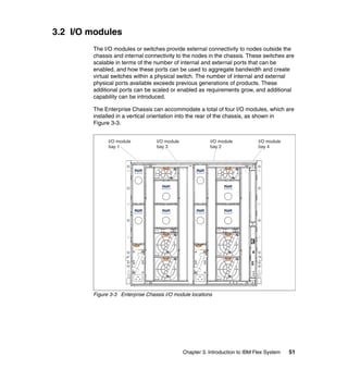 3.2 I/O modules
The I/O modules or switches provide external connectivity to nodes outside the
chassis and internal connectivity to the nodes in the chassis. These switches are
scalable in terms of the number of internal and external ports that can be
enabled, and how these ports can be used to aggregate bandwidth and create
virtual switches within a physical switch. The number of internal and external
physical ports available exceeds previous generations of products. These
additional ports can be scaled or enabled as requirements grow, and additional
capability can be introduced.
The Enterprise Chassis can accommodate a total of four I/O modules, which are
installed in a vertical orientation into the rear of the chassis, as shown in
Figure 3-3.
I/O module
bay 1

I/O module
bay 3

I/O module
bay 2

I/O module
bay 4

Figure 3-3 Enterprise Chassis I/O module locations

Chapter 3. Introduction to IBM Flex System

51

 