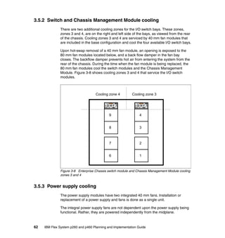 3.5.2 Switch and Chassis Management Module cooling
There are two additional cooling zones for the I/O switch bays. These zones,
zones 3 and 4, are on the right and left side of the bays, as viewed from the rear
of the chassis. Cooling zones 3 and 4 are serviced by 40 mm fan modules that
are included in the base configuration and cool the four available I/O switch bays.
Upon hot-swap removal of a 40 mm fan module, an opening is exposed to the
80 mm fan modules located below, and a back flow damper in the fan bay
closes. The backflow damper prevents hot air from entering the system from the
rear of the chassis. During the time when the fan module is being replaced, the
80 mm fan modules cool the switch modules and the Chassis Management
Module. Figure 3-8 shows cooling zones 3 and 4 that service the I/O switch
modules.

Cooling zone 4

Cooling zone 3

9

4

8

3

7

2

6

1

Figure 3-8 Enterprise Chassis switch module and Chassis Management Module cooling
zones 3 and 4

3.5.3 Power supply cooling
The power supply modules have two integrated 40 mm fans. Installation or
replacement of a power supply and fans is done as a single unit.
The integral power supply fans are not dependent upon the power supply being
functional. Rather, they are powered independently from the midplane.

62

IBM Flex System p260 and p460 Planning and Implementation Guide

 