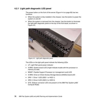 4.2.1 Light path diagnostic LED panel
The power button on the front of the server (Figure 4-4 on page 69) has two
functions:
When the system is fully installed in the chassis: Use this button to power the
system on and off.
When the system is removed from the chassis: Use this button to illuminate
the light path diagnostic panel on the top of the front bezel, as shown in
Figure 4-5.

Figure 4-5 Light path diagnostic panel

The LEDs on the light path panel indicate the following LEDs:
LP: Light Path panel power indicator
S BRD: System board LED (might indicate trouble with the processor or
memory as well)
MGMT: Flexible Support Processor (or management card) LED
D BRD: Drive (or Direct Access Storage Device (DASD)) board LED
DRV 1: Drive 1 LED (SSD 1 or HDD 1)
DRV 2: Drive 2 LED (SSD 2 or HDD 2)
ETE: Sidecar connector LED (not present on the IBM Flex System p460
Compute Node)

70

IBM Flex System p260 and p460 Planning and Implementation Guide

 