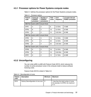 4.5.1 Processor options for Power Systems compute nodes
Table 4-1 defines the processor options for the Power Systems compute nodes.
Table 4-1 Processor options
Feature
code

Cores per
POWER7
processor

Number of
POWER7
processors

Total
cores

Core
frequency

L3 cache size per
POWE7 processor

IBM Flex System p260 Compute Node
EPR1

4

2

8

3.3 GHz

16 MB

EPR3

8

2

16

3.2 GHz

32 MB

EPR5

8

2

16

3.55 GHz

32 MB

IBM Flex System p460 Compute Node
EPR2

4

4

16

3.3 GHz

16 MB

EPR4

8

4

32

3.2 GHz

32 MB

EPR6

8

4

32

3.55 GHz

32 MB

IBM Flex System p24L Compute Node
EPR8

8

2

16

3.2 GHz

32 MB

EPR9

8

2

16

3.55 GHz

32 MB

EPR7

6

2

12

3.7 GHz

24 MB

4.5.2 Unconfiguring
You can order p260 or p460 with Feature Code #2319, which reduces the
number of active processor cores in the compute node to reduce software
licensing costs.
Feature Code #2319 is listed in Table 4-2.
Table 4-2 Reconfiguration of cores
Feature
code

Description

Minimum

Maximum

2319

Factory Deconfiguration of one core

0

1 less than the total number of cores
(for example, for EPR5, the maximum
is 7)

Chapter 4. Product information and technology

77

 