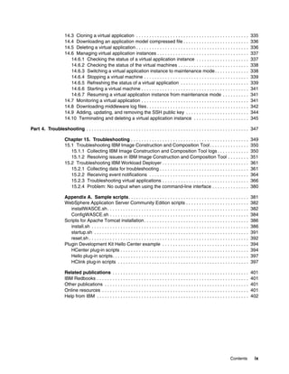 14.3 Cloning a virtual application . . . . . . . . . . . . . . . . . . . . . . . . . . . . . . . . . . . . . . . . . . .                335
                      14.4 Downloading an application model compressed file . . . . . . . . . . . . . . . . . . . . . . . . .                                 336
                      14.5 Deleting a virtual application . . . . . . . . . . . . . . . . . . . . . . . . . . . . . . . . . . . . . . . . . . .               336
                      14.6 Managing virtual application instances . . . . . . . . . . . . . . . . . . . . . . . . . . . . . . . . . . .                       337
                         14.6.1 Checking the status of a virtual application instance . . . . . . . . . . . . . . . . . . . .                                 337
                         14.6.2 Checking the status of the virtual machines . . . . . . . . . . . . . . . . . . . . . . . . . . .                             338
                         14.6.3 Switching a virtual application instance to maintenance mode . . . . . . . . . . . . .                                        338
                         14.6.4 Stopping a virtual machine . . . . . . . . . . . . . . . . . . . . . . . . . . . . . . . . . . . . . . . .                    339
                         14.6.5 Refreshing the status of a virtual application . . . . . . . . . . . . . . . . . . . . . . . . . .                            339
                         14.6.6 Starting a virtual machine . . . . . . . . . . . . . . . . . . . . . . . . . . . . . . . . . . . . . . . . .                  341
                         14.6.7 Resuming a virtual application instance from maintenance mode . . . . . . . . . .                                             341
                      14.7 Monitoring a virtual application . . . . . . . . . . . . . . . . . . . . . . . . . . . . . . . . . . . . . . . . .                 341
                      14.8 Downloading middleware log files . . . . . . . . . . . . . . . . . . . . . . . . . . . . . . . . . . . . . . .                     342
                      14.9 Adding, updating, and removing the SSH public key . . . . . . . . . . . . . . . . . . . . . . . .                                  344
                      14.10 Terminating and deleting a virtual application instance . . . . . . . . . . . . . . . . . . . . .                                 345

Part 4. Troubleshooting . . . . . . . . . . . . . . . . . . . . . . . . . . . . . . . . . . . . . . . . . . . . . . . . . . . . . . . . . . . . . . 347

                      Chapter 15. Troubleshooting . . . . . . . . . . . . . . . . . . . . . . . . . . . . . . . . . . . . . . . . . . . . .                   349
                      15.1 Troubleshooting IBM Image Construction and Composition Tool . . . . . . . . . . . . . . .                                          350
                         15.1.1 Collecting IBM Image Construction and Composition Tool logs . . . . . . . . . . . .                                           350
                         15.1.2 Resolving issues in IBM Image Construction and Composition Tool . . . . . . . .                                               351
                      15.2 Troubleshooting IBM Workload Deployer . . . . . . . . . . . . . . . . . . . . . . . . . . . . . . . . .                            361
                         15.2.1 Collecting data for troubleshooting . . . . . . . . . . . . . . . . . . . . . . . . . . . . . . . . . .                       361
                         15.2.2 Receiving event notifications . . . . . . . . . . . . . . . . . . . . . . . . . . . . . . . . . . . . . .                     364
                         15.2.3 Troubleshooting virtual applications . . . . . . . . . . . . . . . . . . . . . . . . . . . . . . . . .                        366
                         15.2.4 Problem: No output when using the command-line interface . . . . . . . . . . . . . .                                          380

                      Appendix A. Sample scripts. . . . . . . . . . . . . . . . . . . . . . . . . . . . . . . . . . . . . . . . . . . . . .                   381
                      WebSphere Application Server Community Edition scripts . . . . . . . . . . . . . . . . . . . . . . . .                                  382
                         installWASCE.sh . . . . . . . . . . . . . . . . . . . . . . . . . . . . . . . . . . . . . . . . . . . . . . . . . . . . . .          382
                         ConfigWASCE.sh . . . . . . . . . . . . . . . . . . . . . . . . . . . . . . . . . . . . . . . . . . . . . . . . . . . . .             384
                      Scripts for Apache Tomcat installation . . . . . . . . . . . . . . . . . . . . . . . . . . . . . . . . . . . . . . . .                  386
                         install.sh . . . . . . . . . . . . . . . . . . . . . . . . . . . . . . . . . . . . . . . . . . . . . . . . . . . . . . . . . . . .   386
                         startup.sh . . . . . . . . . . . . . . . . . . . . . . . . . . . . . . . . . . . . . . . . . . . . . . . . . . . . . . . . . . .     391
                         reset.sh . . . . . . . . . . . . . . . . . . . . . . . . . . . . . . . . . . . . . . . . . . . . . . . . . . . . . . . . . . . . .   392
                      Plugin Development Kit Hello Center example . . . . . . . . . . . . . . . . . . . . . . . . . . . . . . . . .                           394
                         HCenter plug-in scripts . . . . . . . . . . . . . . . . . . . . . . . . . . . . . . . . . . . . . . . . . . . . . . . . .            394
                         Hello plug-in scripts. . . . . . . . . . . . . . . . . . . . . . . . . . . . . . . . . . . . . . . . . . . . . . . . . . . .         397
                         HClink plug-in scripts . . . . . . . . . . . . . . . . . . . . . . . . . . . . . . . . . . . . . . . . . . . . . . . . . .           397

                      Related publications . . . . . . . . . . . . . . . . . . . . . . . . . . . . . . . . . . . . . . . . . . . . . . . . . . . .            401
                      IBM Redbooks . . . . . . . . . . . . . . . . . . . . . . . . . . . . . . . . . . . . . . . . . . . . . . . . . . . . . . . . . .        401
                      Other publications . . . . . . . . . . . . . . . . . . . . . . . . . . . . . . . . . . . . . . . . . . . . . . . . . . . . . . .        401
                      Online resources . . . . . . . . . . . . . . . . . . . . . . . . . . . . . . . . . . . . . . . . . . . . . . . . . . . . . . . .        401
                      Help from IBM . . . . . . . . . . . . . . . . . . . . . . . . . . . . . . . . . . . . . . . . . . . . . . . . . . . . . . . . . .       402




                                                                                                                                              Contents         ix
 