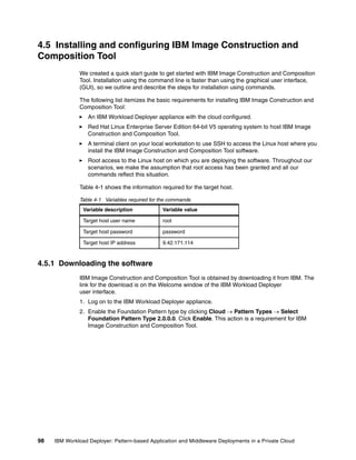 4.5 Installing and configuring IBM Image Construction and
Composition Tool
              We created a quick start guide to get started with IBM Image Construction and Composition
              Tool. Installation using the command line is faster than using the graphical user interface,
              (GUI), so we outline and describe the steps for installation using commands.

              The following list itemizes the basic requirements for installing IBM Image Construction and
              Composition Tool:
                  An IBM Workload Deployer appliance with the cloud configured.
                  Red Hat Linux Enterprise Server Edition 64-bit V5 operating system to host IBM Image
                  Construction and Composition Tool.
                  A terminal client on your local workstation to use SSH to access the Linux host where you
                  install the IBM Image Construction and Composition Tool software.
                  Root access to the Linux host on which you are deploying the software. Throughout our
                  scenarios, we make the assumption that root access has been granted and all our
                  commands reflect this situation.

              Table 4-1 shows the information required for the target host.

              Table 4-1 Variables required for the commands
                Variable description           Variable value

                Target host user name          root

                Target host password           password

                Target host IP address         9.42.171.114



4.5.1 Downloading the software
              IBM Image Construction and Composition Tool is obtained by downloading it from IBM. The
              link for the download is on the Welcome window of the IBM Workload Deployer
              user interface.
              1. Log on to the IBM Workload Deployer appliance.
              2. Enable the Foundation Pattern type by clicking Cloud  Pattern Types  Select
                 Foundation Pattern Type 2.0.0.0. Click Enable. This action is a requirement for IBM
                 Image Construction and Composition Tool.




98   IBM Workload Deployer: Pattern-based Application and Middleware Deployments in a Private Cloud
 