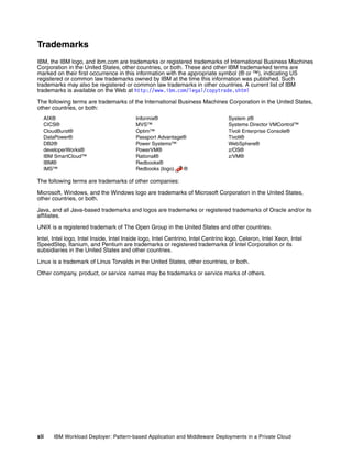 Trademarks
IBM, the IBM logo, and ibm.com are trademarks or registered trademarks of International Business Machines
Corporation in the United States, other countries, or both. These and other IBM trademarked terms are
marked on their first occurrence in this information with the appropriate symbol (® or ™), indicating US
registered or common law trademarks owned by IBM at the time this information was published. Such
trademarks may also be registered or common law trademarks in other countries. A current list of IBM
trademarks is available on the Web at http://www.ibm.com/legal/copytrade.shtml

The following terms are trademarks of the International Business Machines Corporation in the United States,
other countries, or both:
  AIX®                                    Informix®                                System z®
  CICS®                                   MVS™                                     Systems Director VMControl™
  CloudBurst®                             Optim™                                   Tivoli Enterprise Console®
  DataPower®                              Passport Advantage®                      Tivoli®
  DB2®                                    Power Systems™                           WebSphere®
  developerWorks®                         PowerVM®                                 z/OS®
  IBM SmartCloud™                         Rational®                                z/VM®
  IBM®                                    Redbooks®
  IMS™                                    Redbooks (logo)   ®

The following terms are trademarks of other companies:

Microsoft, Windows, and the Windows logo are trademarks of Microsoft Corporation in the United States,
other countries, or both.

Java, and all Java-based trademarks and logos are trademarks or registered trademarks of Oracle and/or its
affiliates.

UNIX is a registered trademark of The Open Group in the United States and other countries.

Intel, Intel logo, Intel Inside, Intel Inside logo, Intel Centrino, Intel Centrino logo, Celeron, Intel Xeon, Intel
SpeedStep, Itanium, and Pentium are trademarks or registered trademarks of Intel Corporation or its
subsidiaries in the United States and other countries.

Linux is a trademark of Linus Torvalds in the United States, other countries, or both.

Other company, product, or service names may be trademarks or service marks of others.




xii    IBM Workload Deployer: Pattern-based Application and Middleware Deployments in a Private Cloud
 