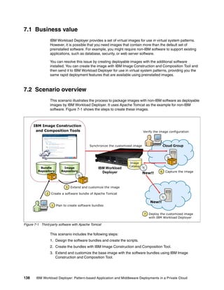 7.1 Business value
                  IBM Workload Deployer provides a set of virtual images for use in virtual system patterns.
                  However, it is possible that you need images that contain more than the default set of
                  preinstalled software. For example, you might require non-IBM software to support existing
                  applications, such as database, security, or web server software.

                  You can resolve this issue by creating deployable images with the additional software
                  installed. You can create the image with IBM Image Construction and Composition Tool and
                  then send it to IBM Workload Deployer for use in virtual system patterns, providing you the
                  same rapid deployment features that are available using preinstalled images.



7.2 Scenario overview
                  This scenario illustrates the process to package images with non-IBM software as deployable
                  images by IBM Workload Deployer. It uses Apache Tomcat as the example for non-IBM
                  software. Figure 7-1 shows the steps to create these images.



      IBM Image Construction
       and Composition Tools                                                  Verify the image configuration



                                           Synchronize the customized image                  Cloud Group



                                                                   Image
                                                                   Catalog
          Bundle           Image                 IBM Workload
         Repository      Repository                Deployer                              6    Capture the image
                                                                              New!!



                            3   Extend and customize the image

              2   Create a software bundle of Apache Tomcat

                                                                                  New!!
                  1   Plan to create software bundles

                                                                              7   Deploy the customized image
                                                                                  with IBM Workload Deployer

Figure 7-1 Third-party software with Apache Tomcat

                  This scenario includes the following steps:
                  1. Design the software bundles and create the scripts.
                  2. Create the bundles with IBM Image Construction and Composition Tool.
                  3. Extend and customize the base image with the software bundles using IBM Image
                     Construction and Composition Tool.




138     IBM Workload Deployer: Pattern-based Application and Middleware Deployments in a Private Cloud
 