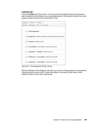 ListView tab
Click the ListView tab (Figure 8-24). This view removes the graphical layout and presents
each component and connection as an expandable section. Each section contains the current
property values for each of the components or links.




Figure 8-24 Virtual Application Builder ListView

Both the ListView and the Diagram view allow you to enter or change values of the properties
(assuming that the user has the “Create new patterns” permission). Both views contain
validation logic for entries when appropriate.




                                                   Chapter 8. Introduction to virtual applications   189
 