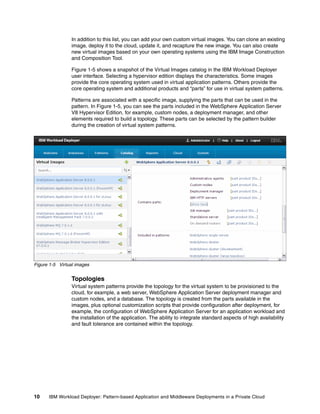 In addition to this list, you can add your own custom virtual images. You can clone an existing
                 image, deploy it to the cloud, update it, and recapture the new image. You can also create
                 new virtual images based on your own operating systems using the IBM Image Construction
                 and Composition Tool.

                 Figure 1-5 shows a snapshot of the Virtual Images catalog in the IBM Workload Deployer
                 user interface. Selecting a hypervisor edition displays the characteristics. Some images
                 provide the core operating system used in virtual application patterns. Others provide the
                 core operating system and additional products and “parts” for use in virtual system patterns.

                 Patterns are associated with a specific image, supplying the parts that can be used in the
                 pattern. In Figure 1-5, you can see the parts included in the WebSphere Application Server
                 V8 Hypervisor Edition, for example, custom nodes, a deployment manager, and other
                 elements required to build a topology. These parts can be selected by the pattern builder
                 during the creation of virtual system patterns.




Figure 1-5 Virtual images


                 Topologies
                 Virtual system patterns provide the topology for the virtual system to be provisioned to the
                 cloud, for example, a web server, WebSphere Application Server deployment manager and
                 custom nodes, and a database. The topology is created from the parts available in the
                 images, plus optional customization scripts that provide configuration after deployment, for
                 example, the configuration of WebSphere Application Server for an application workload and
                 the installation of the application. The ability to integrate standard aspects of high availability
                 and fault tolerance are contained within the topology.




10    IBM Workload Deployer: Pattern-based Application and Middleware Deployments in a Private Cloud
 